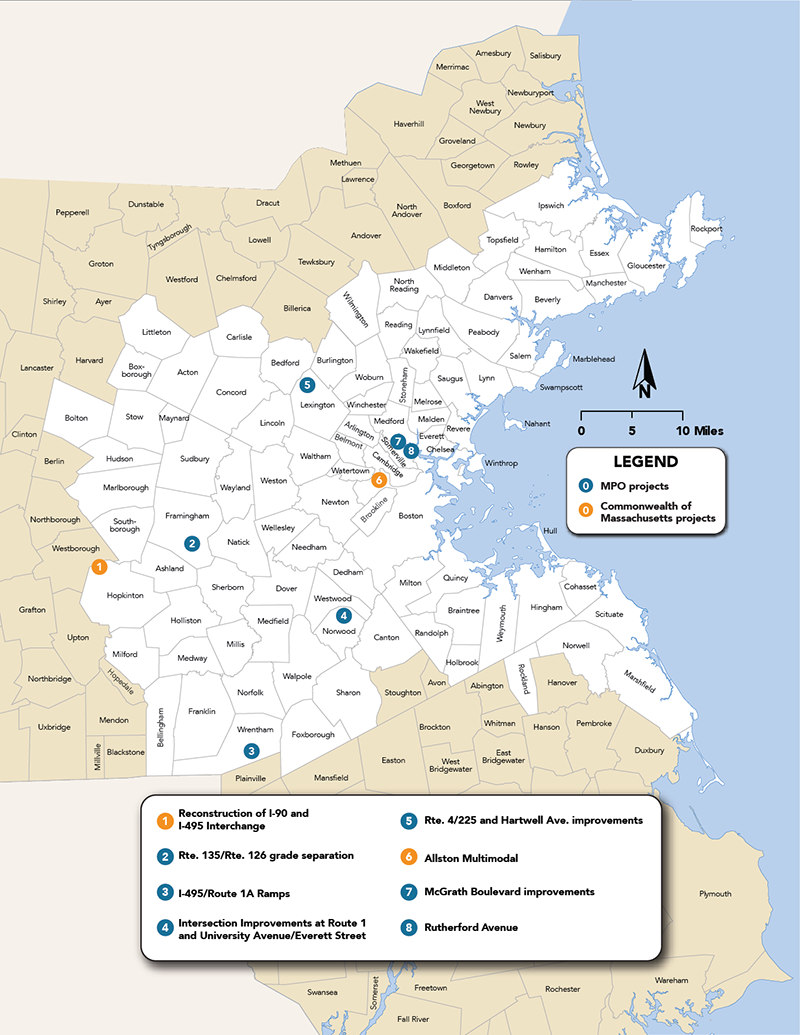 This figure shows the locations of transportation projects in the Boston region. This figure shows the locations of transportation projects in the Boston region.